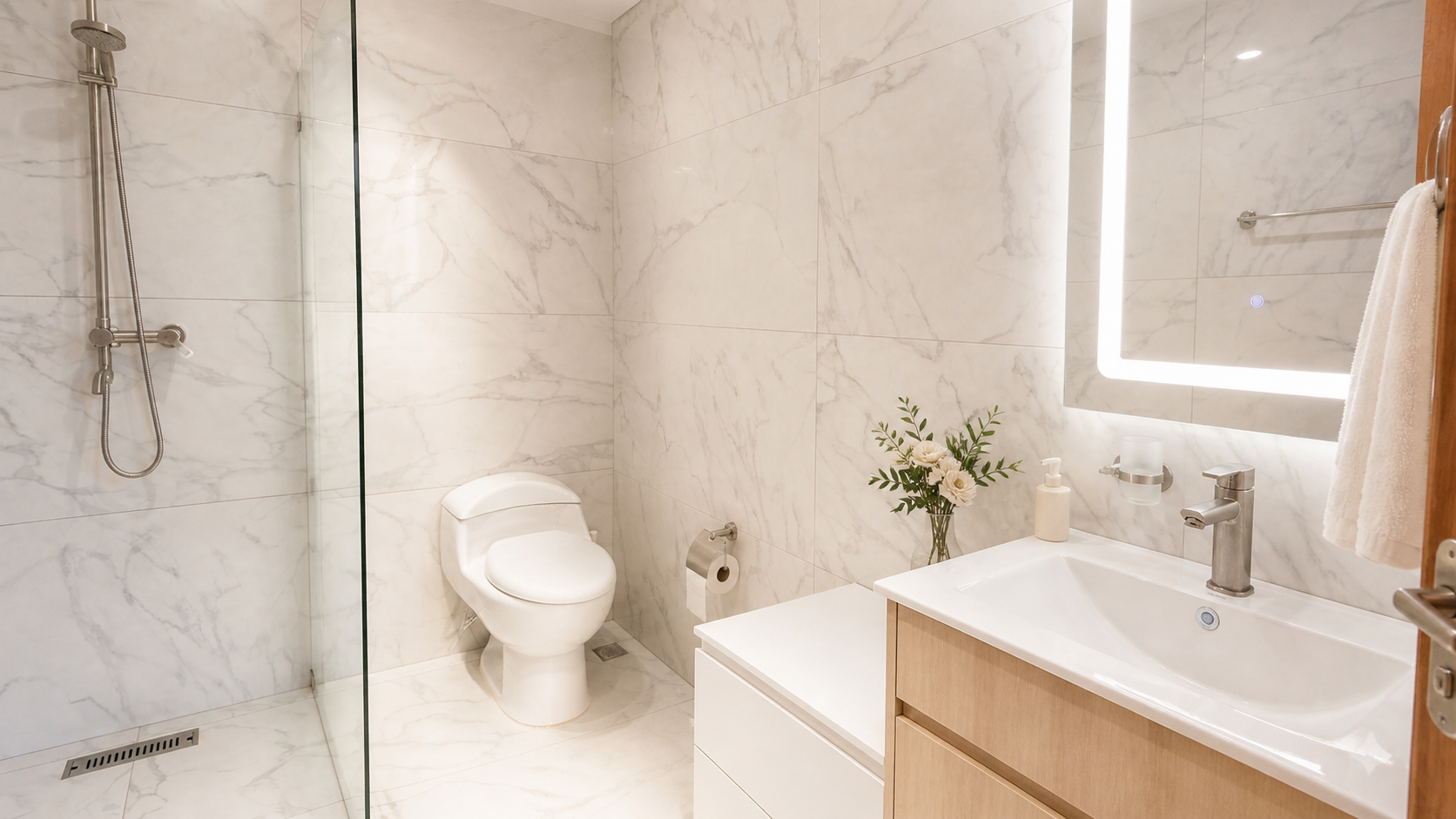 Marble bathroom with glass shower