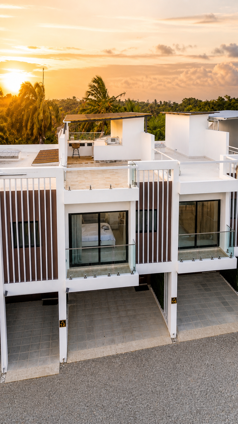 Townhouse exterior aerial view at sunset