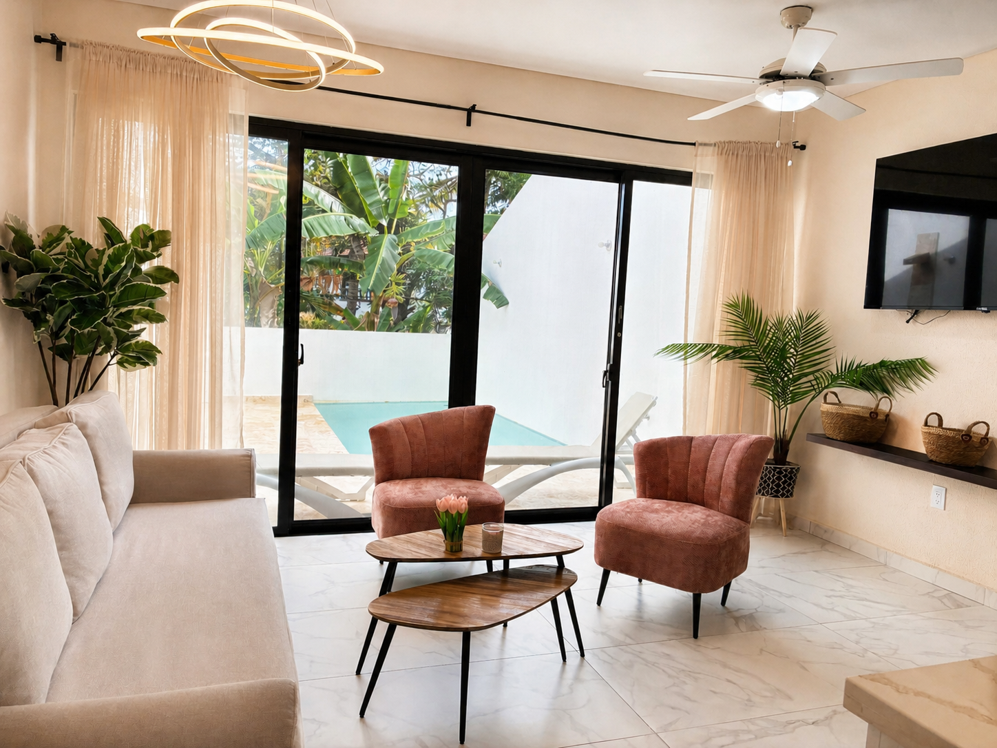 Living room with pool view
